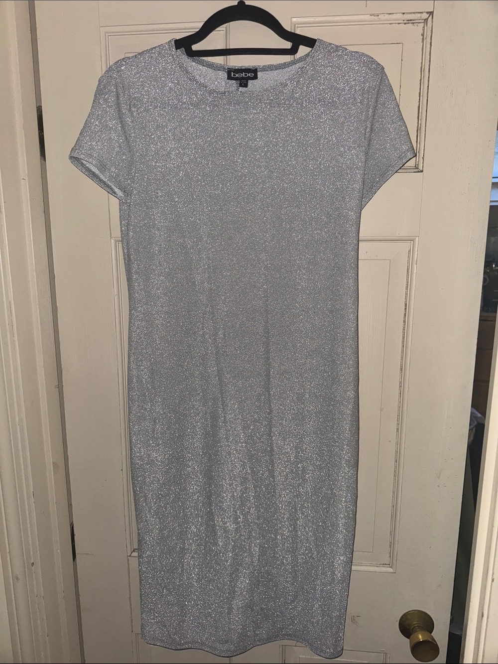 bebe Silver Metallic Short Sleeve Midi Dress